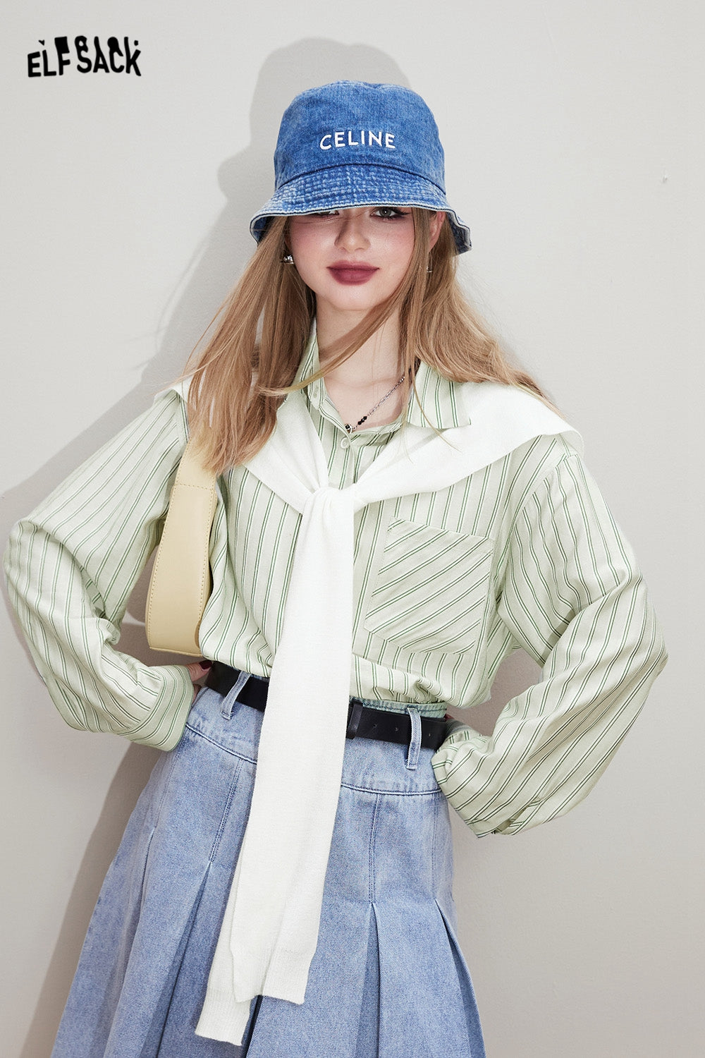 ELFSACK [Free shawl] Casual striped shirt in early spring, old money style outfit