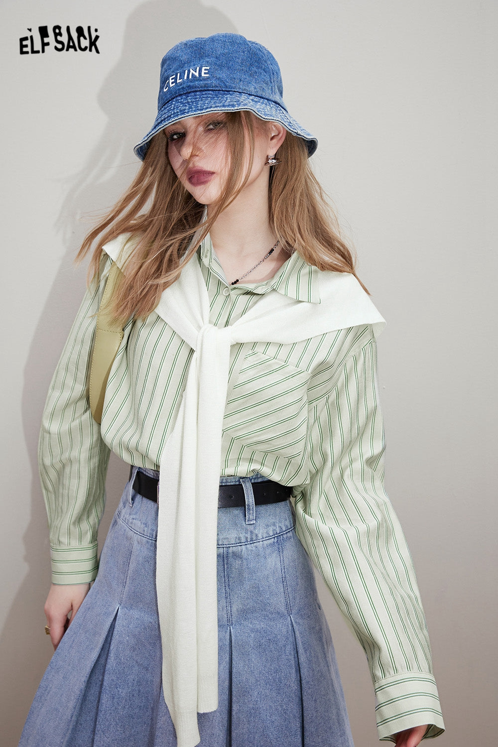 ELFSACK [Free shawl] Casual striped shirt in early spring, old money style outfit