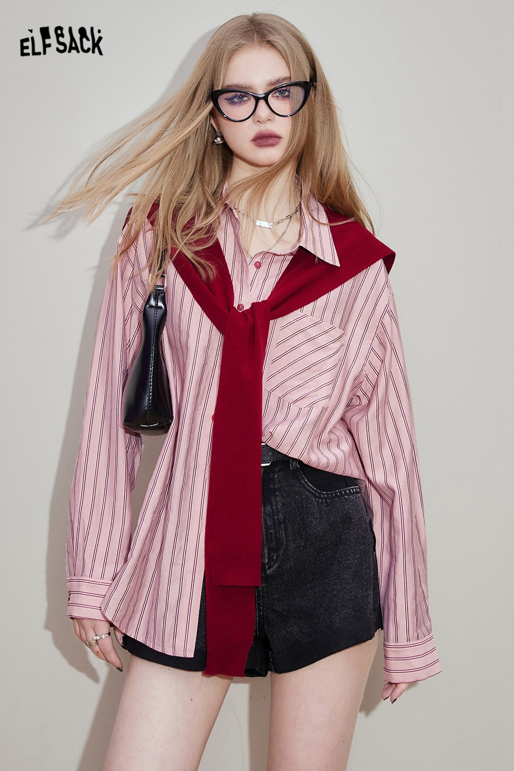 ELFSACK [Free shawl] Casual striped shirt in early spring, old money style outfit