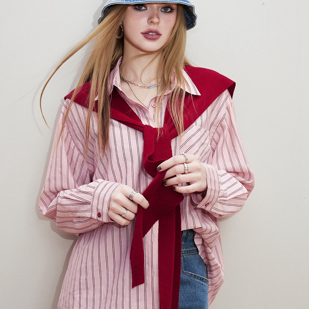 ELFSACK [Free shawl] Casual striped shirt for women in early spring 2024, new old money style outfit