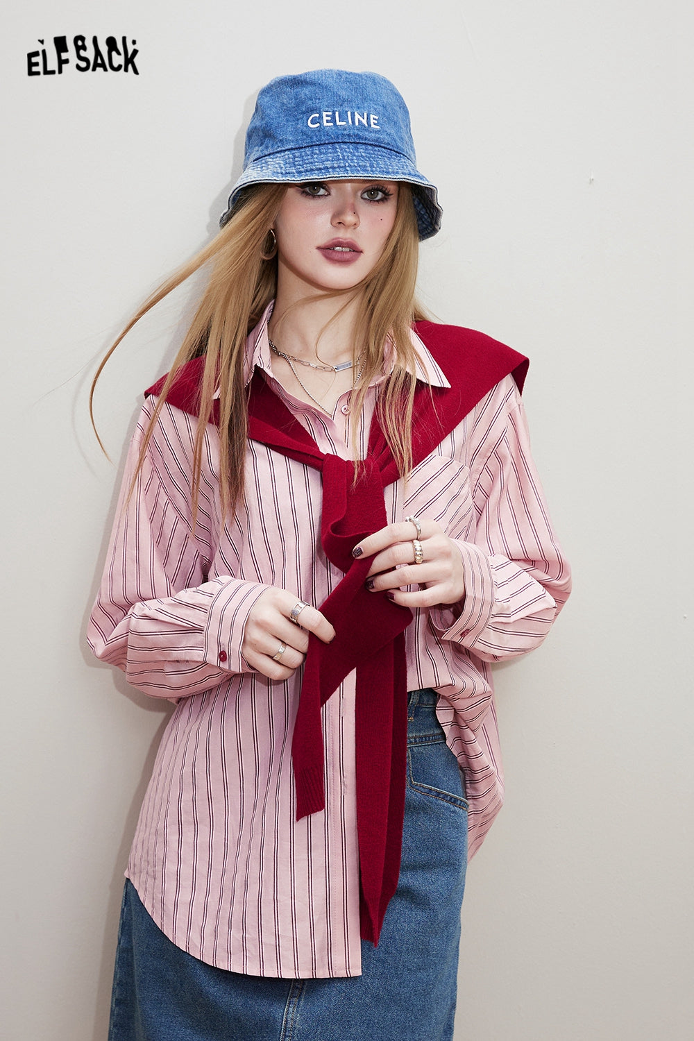 ELFSACK [Free shawl] Casual striped shirt in early spring, old money style outfit