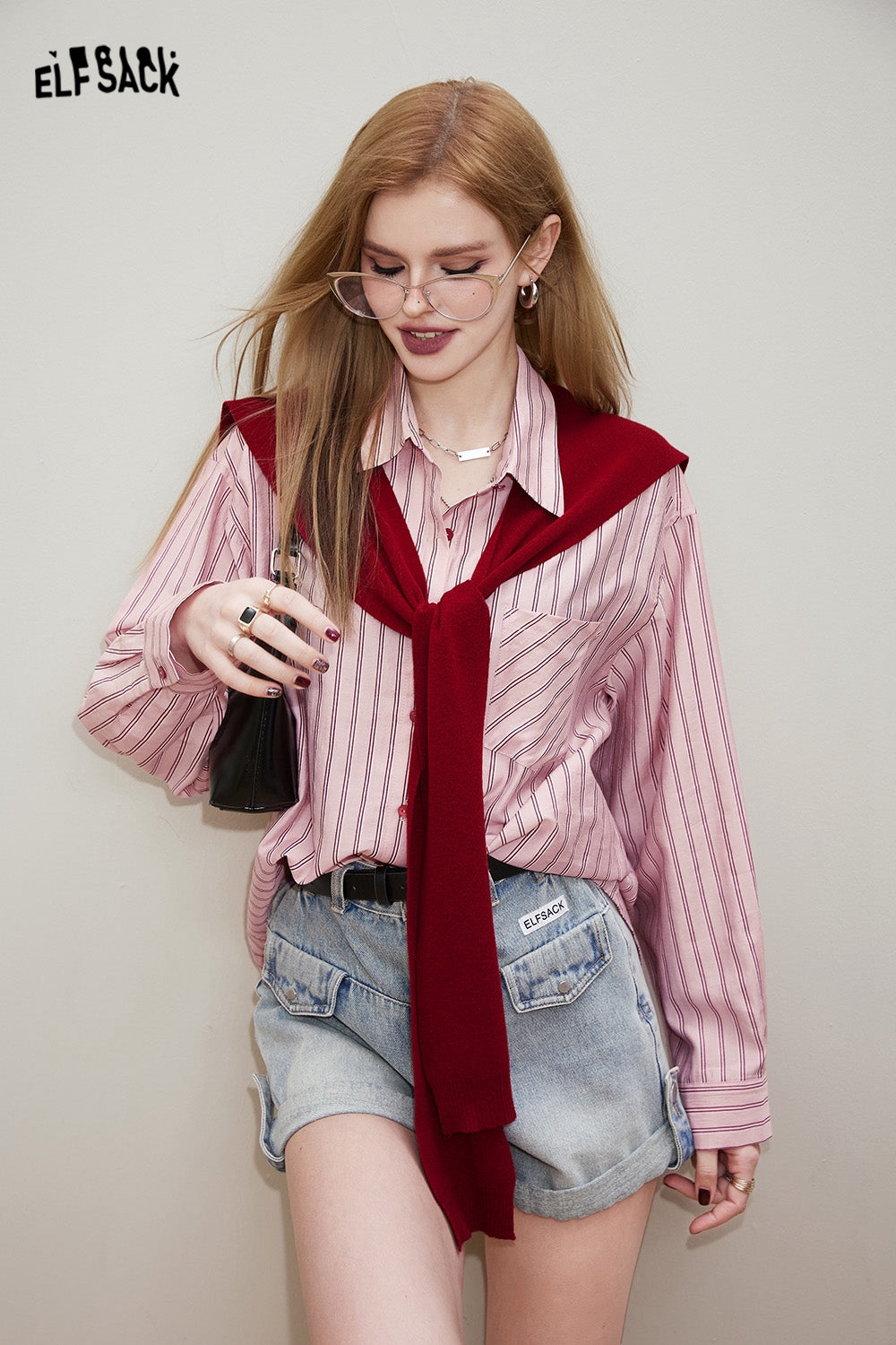 ELFSACK [Free shawl] Casual striped shirt in early spring, old money style outfit