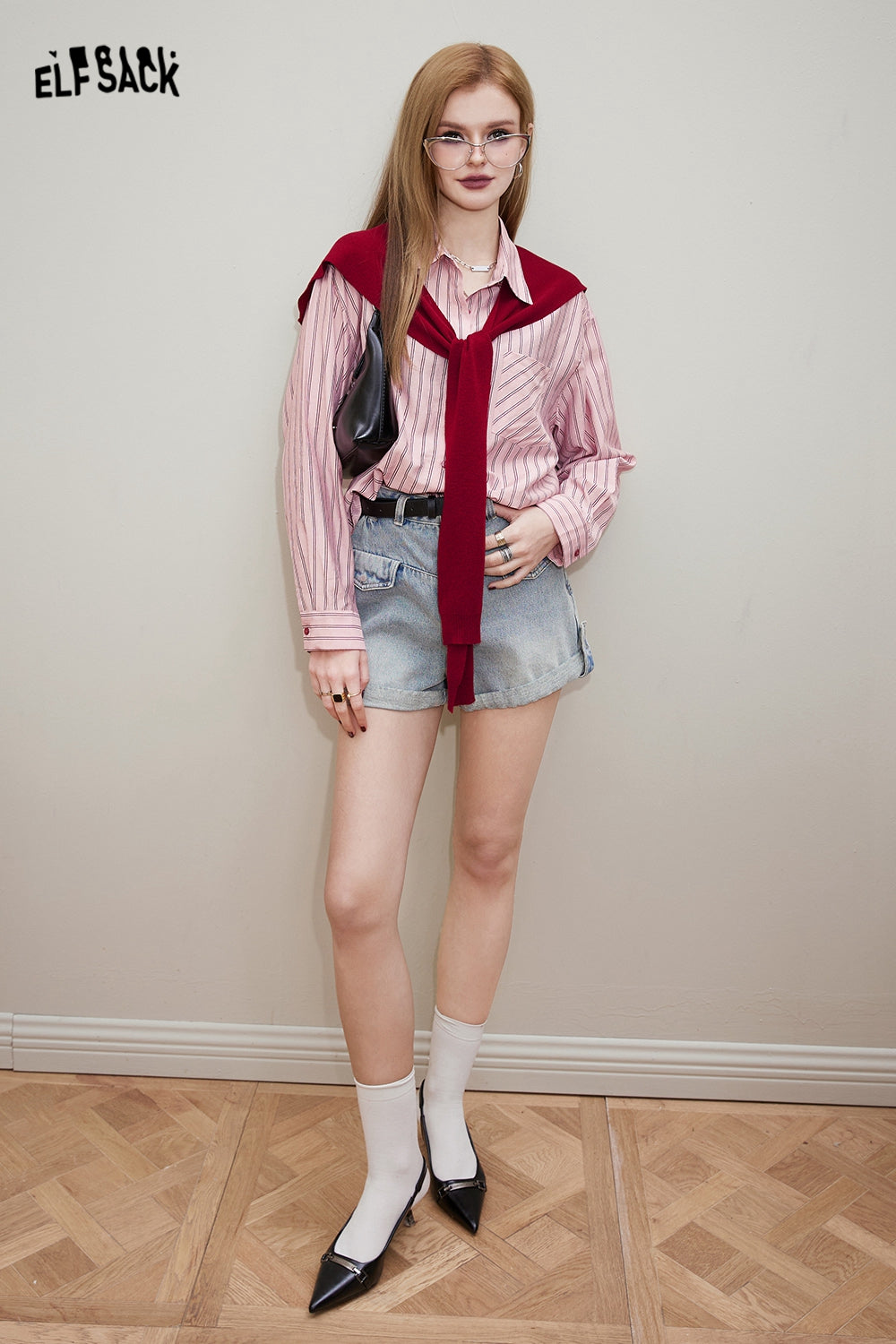 ELFSACK [Free shawl] Casual striped shirt in early spring, old money style outfit