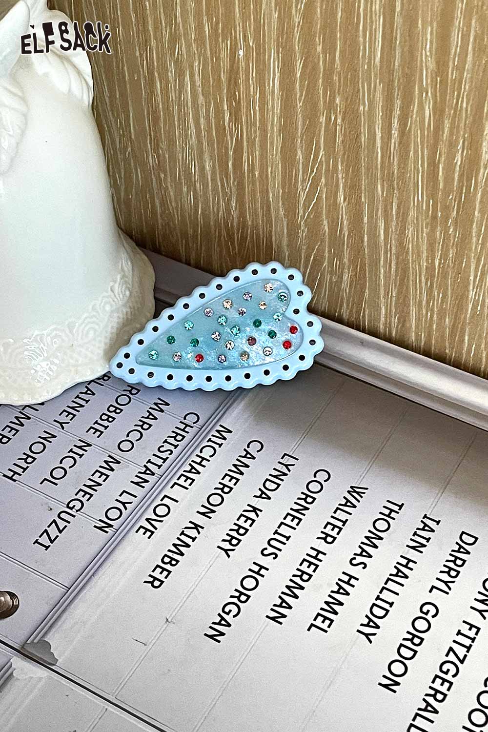 ELFSACK crystal embellished heart hairpin pale blue heart shaped hair clip with multicolored crystals on scalloped edge