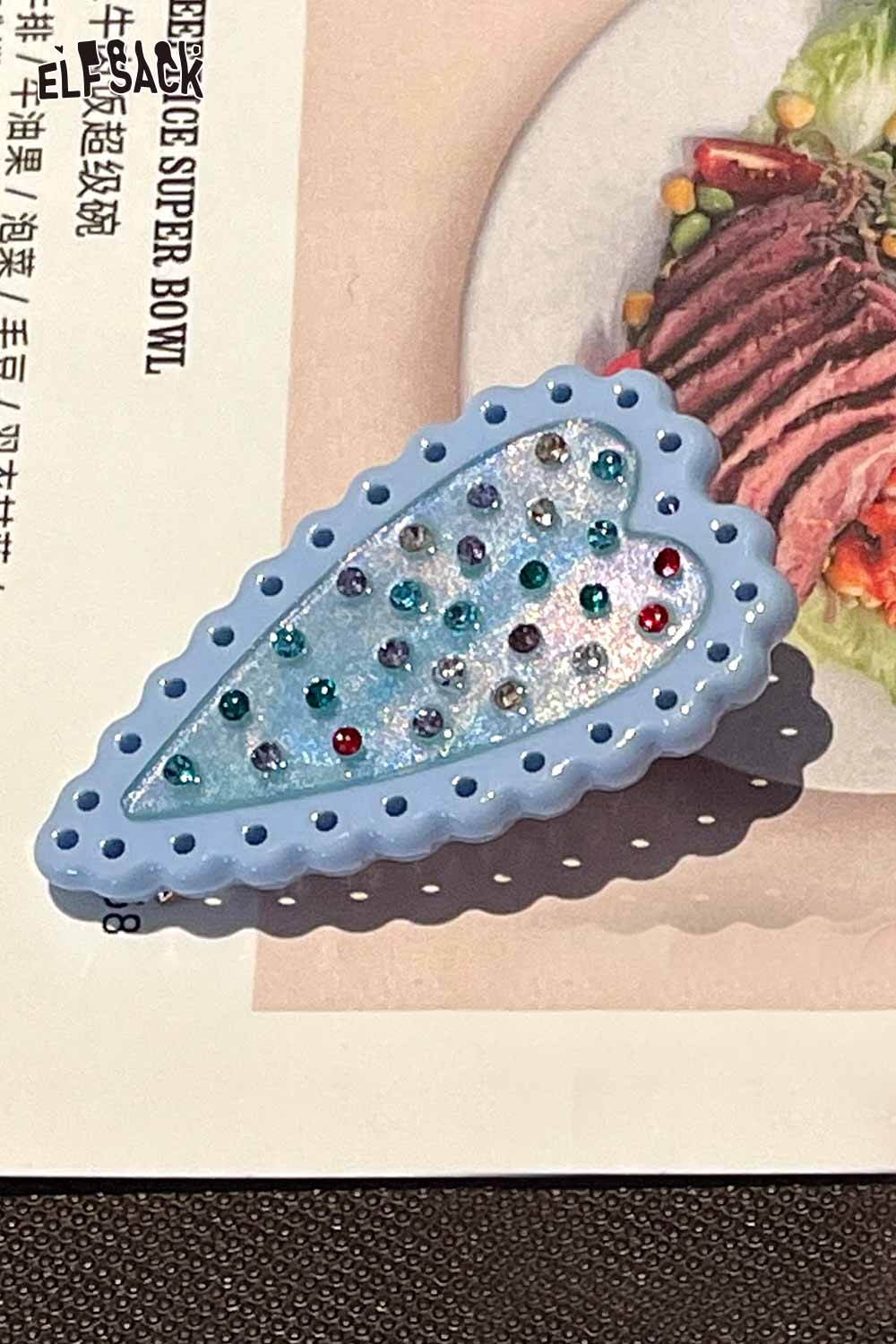 ELFSACK crystal embellished heart hairpin light blue scalloped clip with multicolored rhinestones