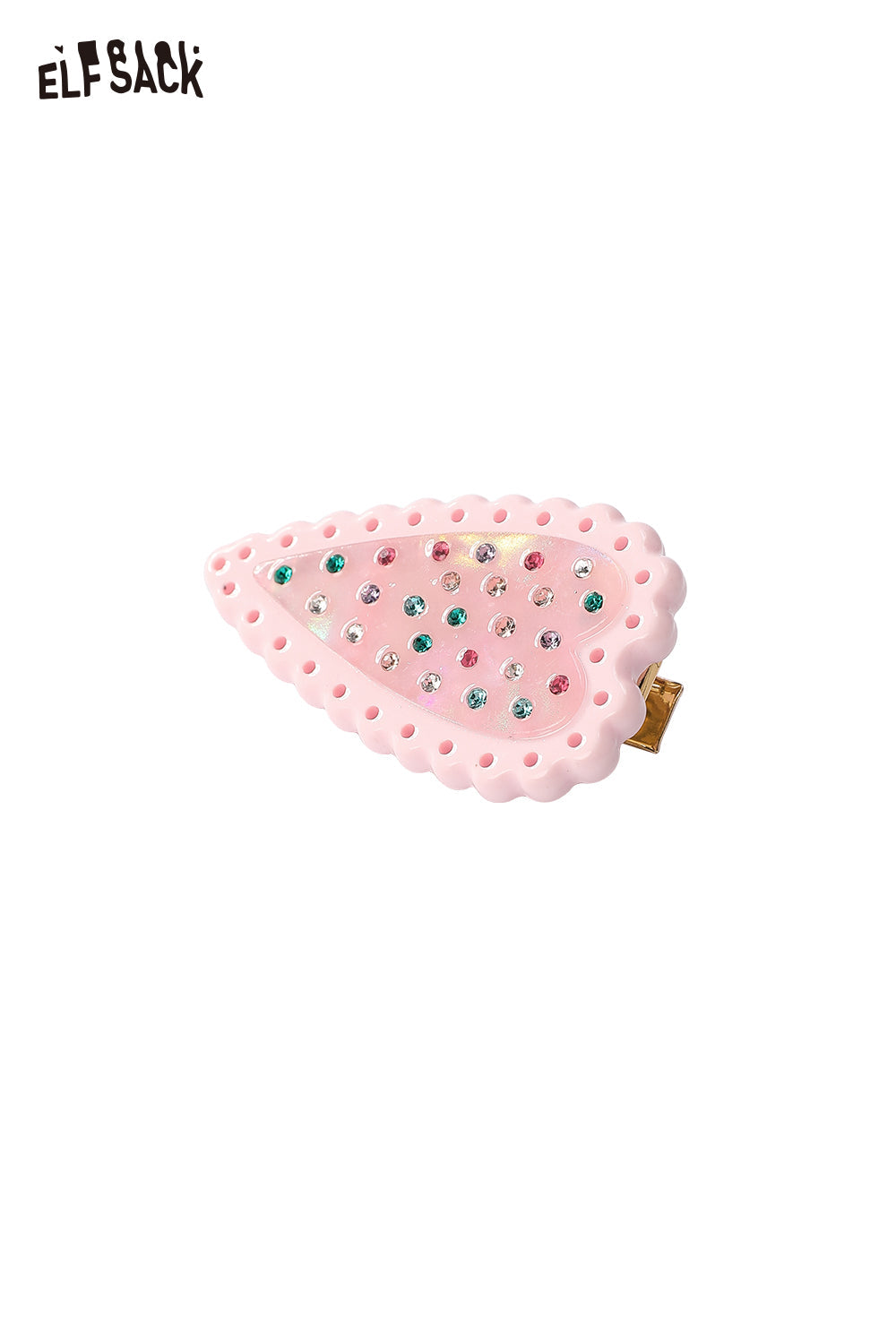 ELFSACK pink scalloped hair clip with gold clasp and multicolor gems crystal embellished heart hairpin