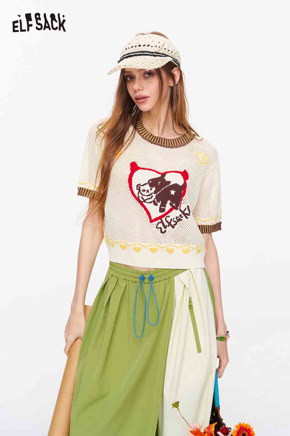 ELFSACK Animal Crochet Knit Short Sleeve Top