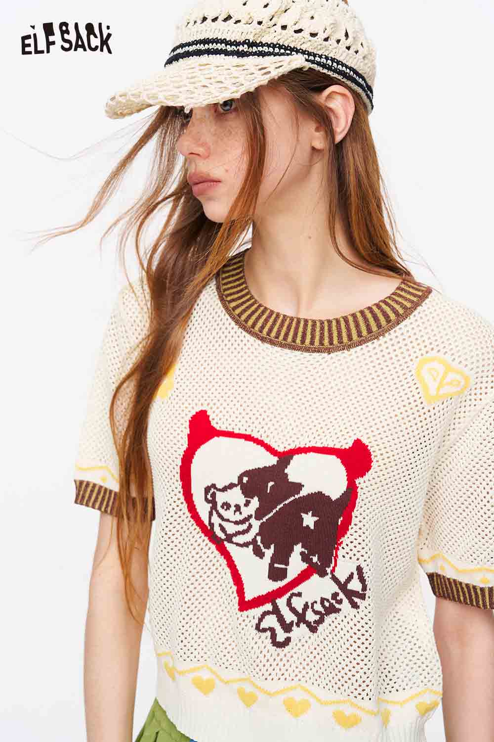 ELFSACK Animal Crochet Knit Short Sleeve Top