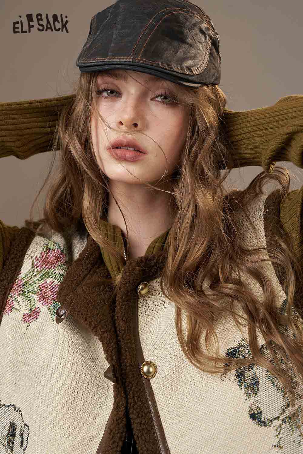 ELFSACK animal embroidery knit vest featuring floral designs and stylish button details