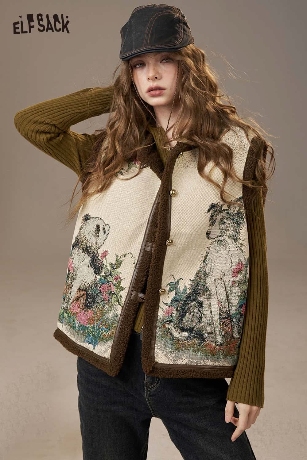 ELFSACK animal embroidery knit vest featuring a dog design with floral accents for a stylish look