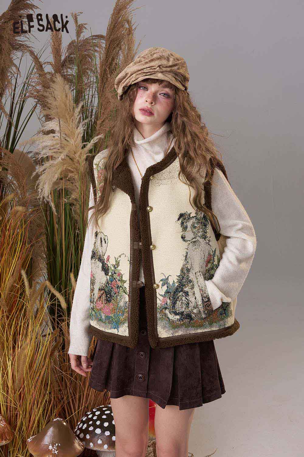 ELFSACK animal embroidery knit vest featuring intricate floral and animal designs, perfect for cozy layering