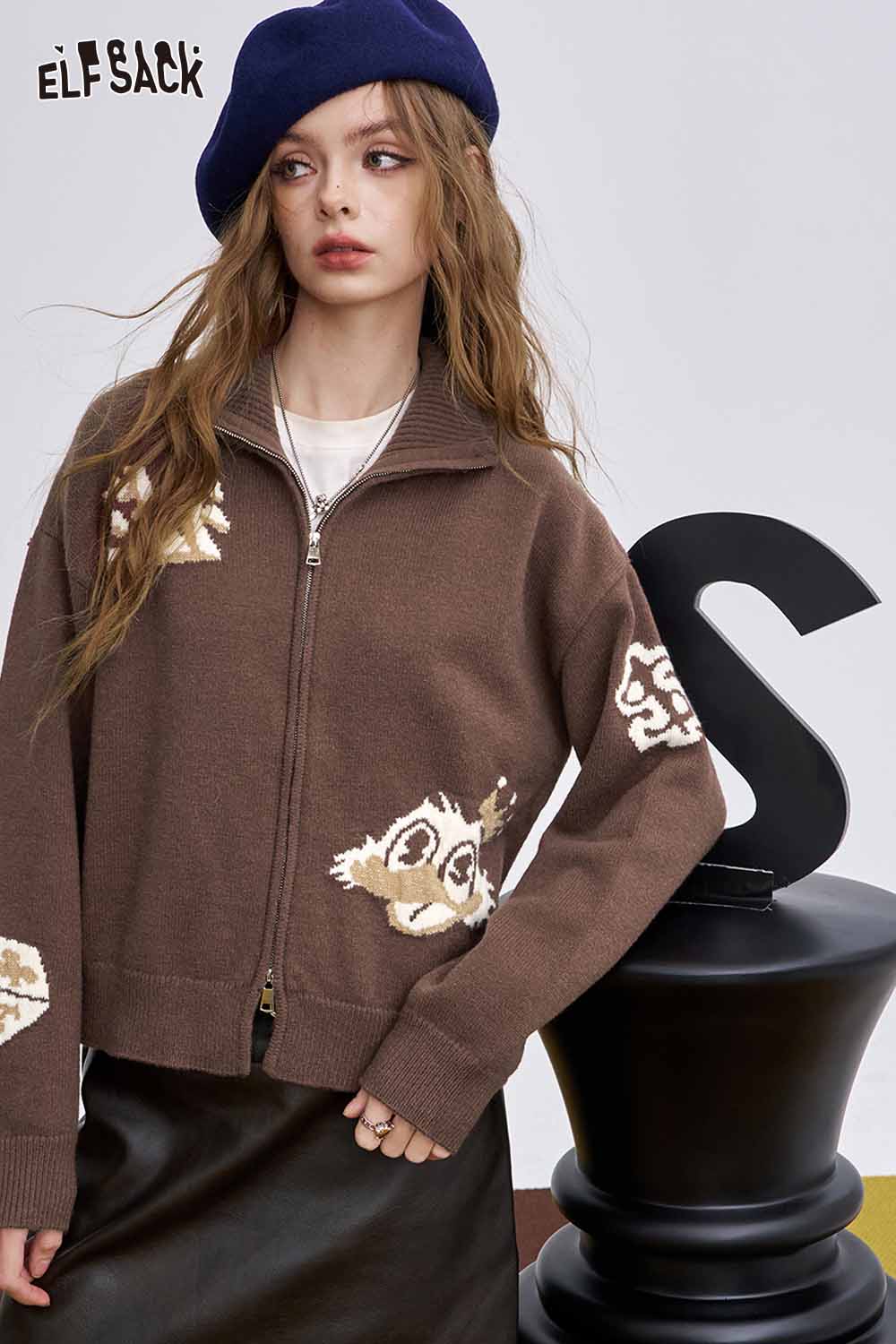 ELFSACK animal graphic cropped knit sweater in brown featuring playful animal designs and zip front closure