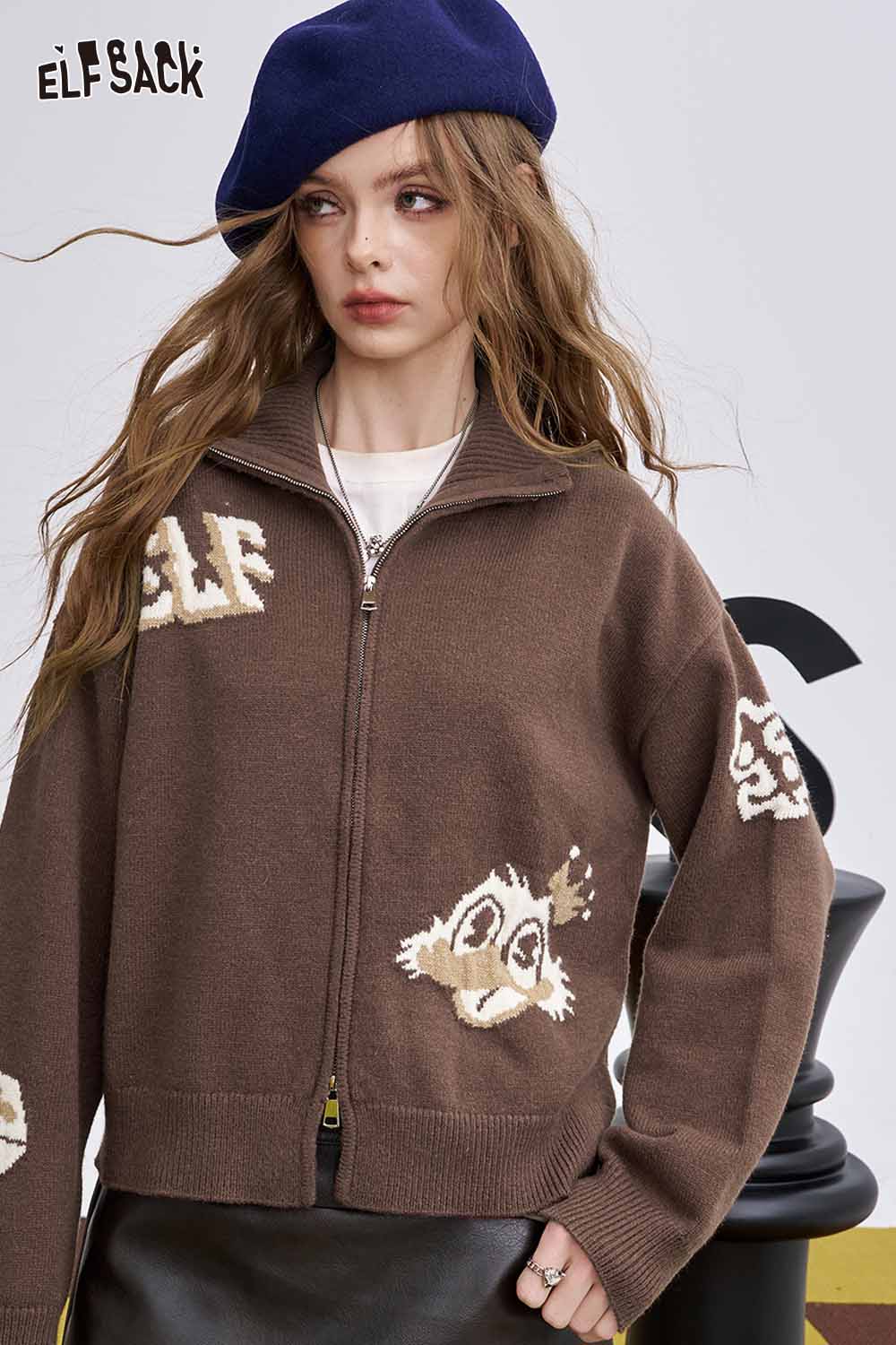 ELFSACK animal graphic cropped knit sweater in brown with playful cartoon design and zip closure