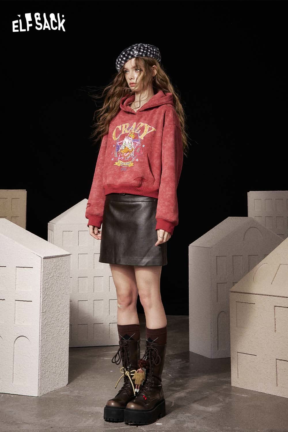 ELFSACK animal graphic cropped sweatshirt in red with a playful design, styled with a leather skirt