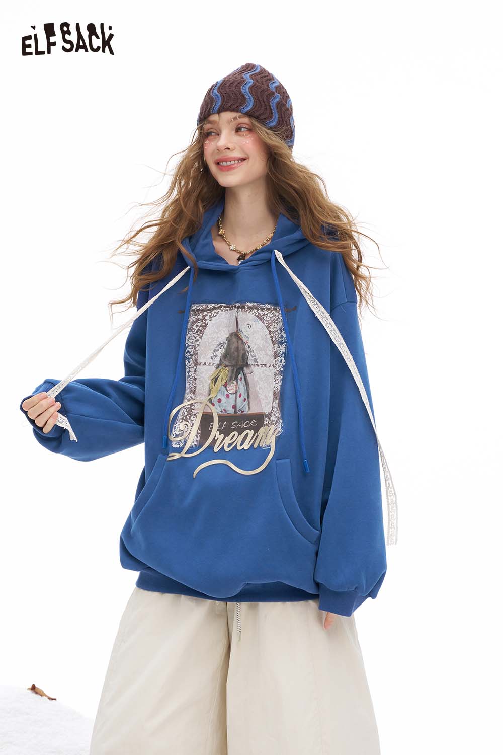 ELFSACK animal graphic lace hooded sweatshirt in blue with stylish oversized fit and unique design