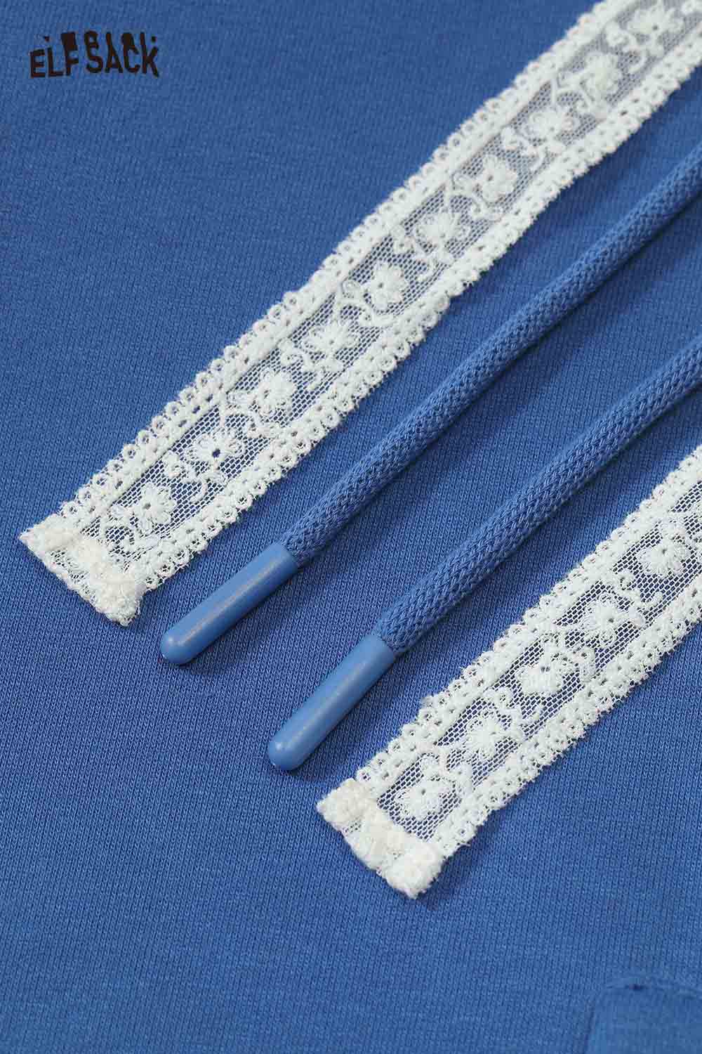 Close-up of ELFSACK animal graphic lace hooded sweatshirt detailing with lace drawstrings