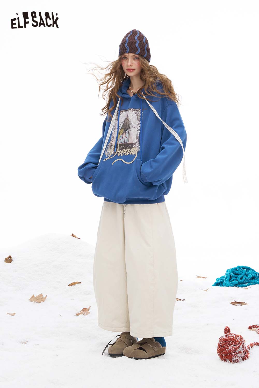 ELFSACK animal graphic lace hooded sweatshirt in blue with oversized fit and cozy design for winter wear