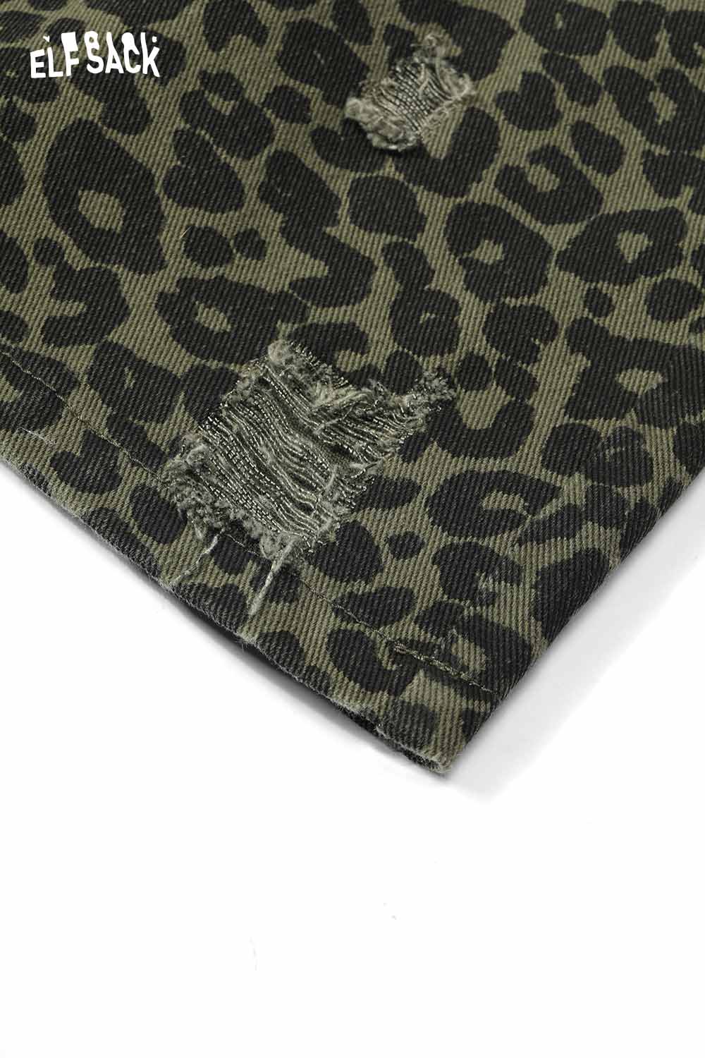 ELFSACK animal print denim mini skirt featuring distressed details for a trendy look