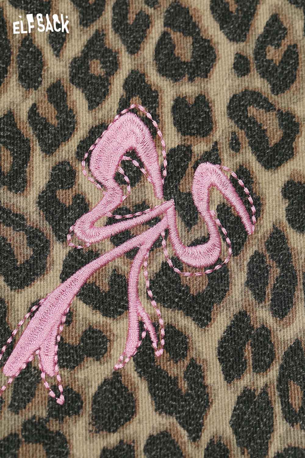 ELFSACK animal print embroidered jeans for women featuring a stylish pink flamingo design