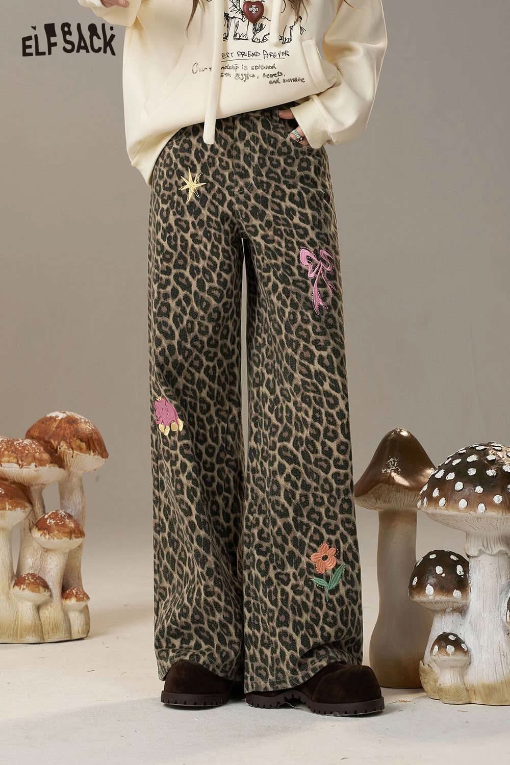 ELFSACK animal print embroidered jeans for women featuring a wide leg cut and colorful embroidery details