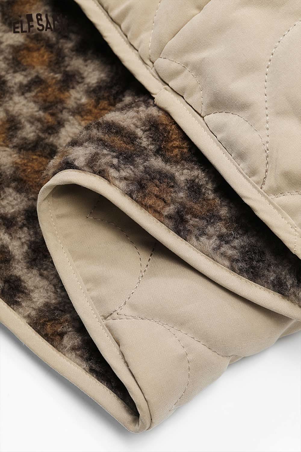Close-up of ELFSACK animal print faux shearling jacket showcasing soft, textured lining and quilted design