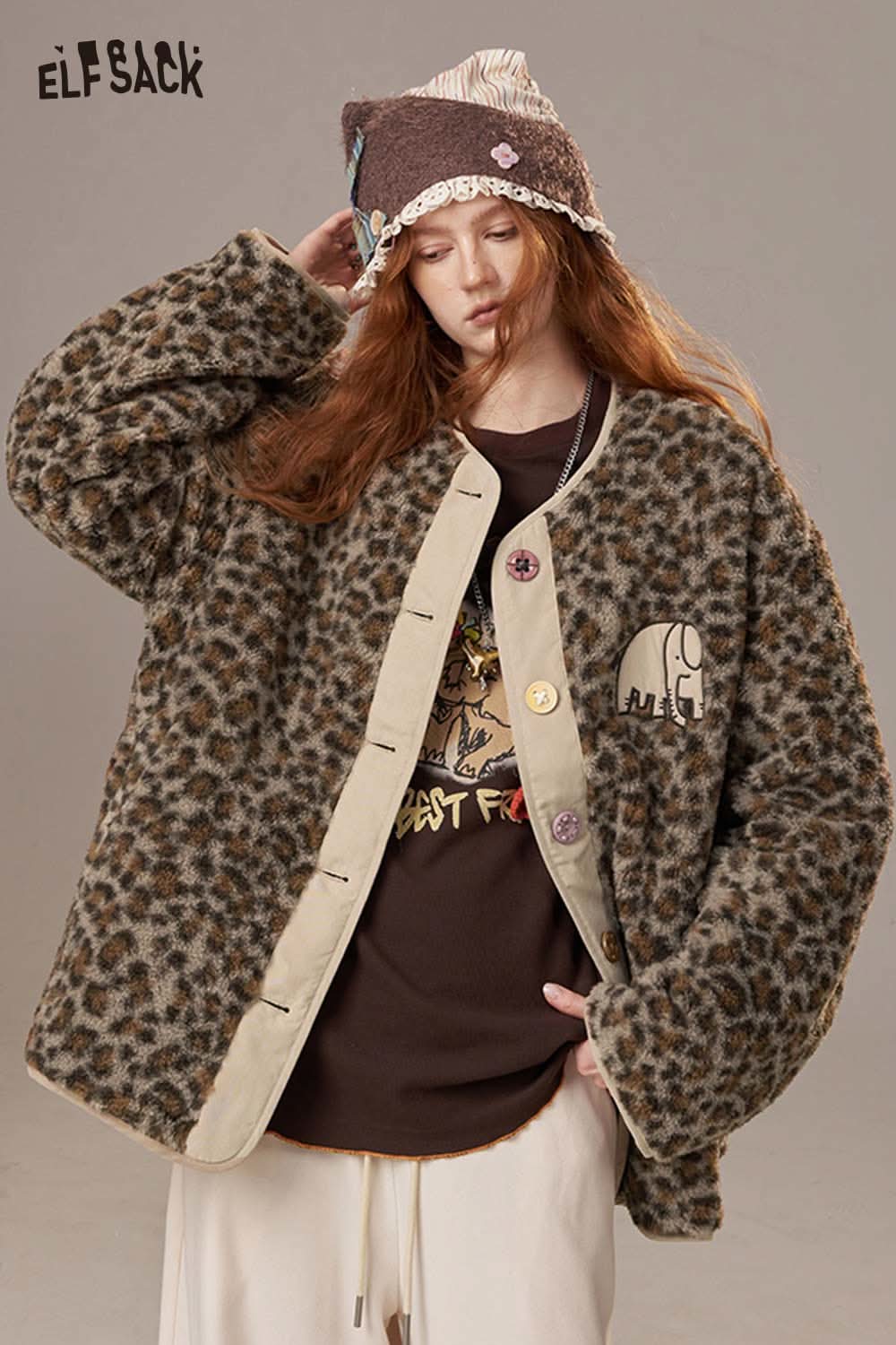 ELFSACK animal print faux shearling jacket with a cozy oversized fit for winter style