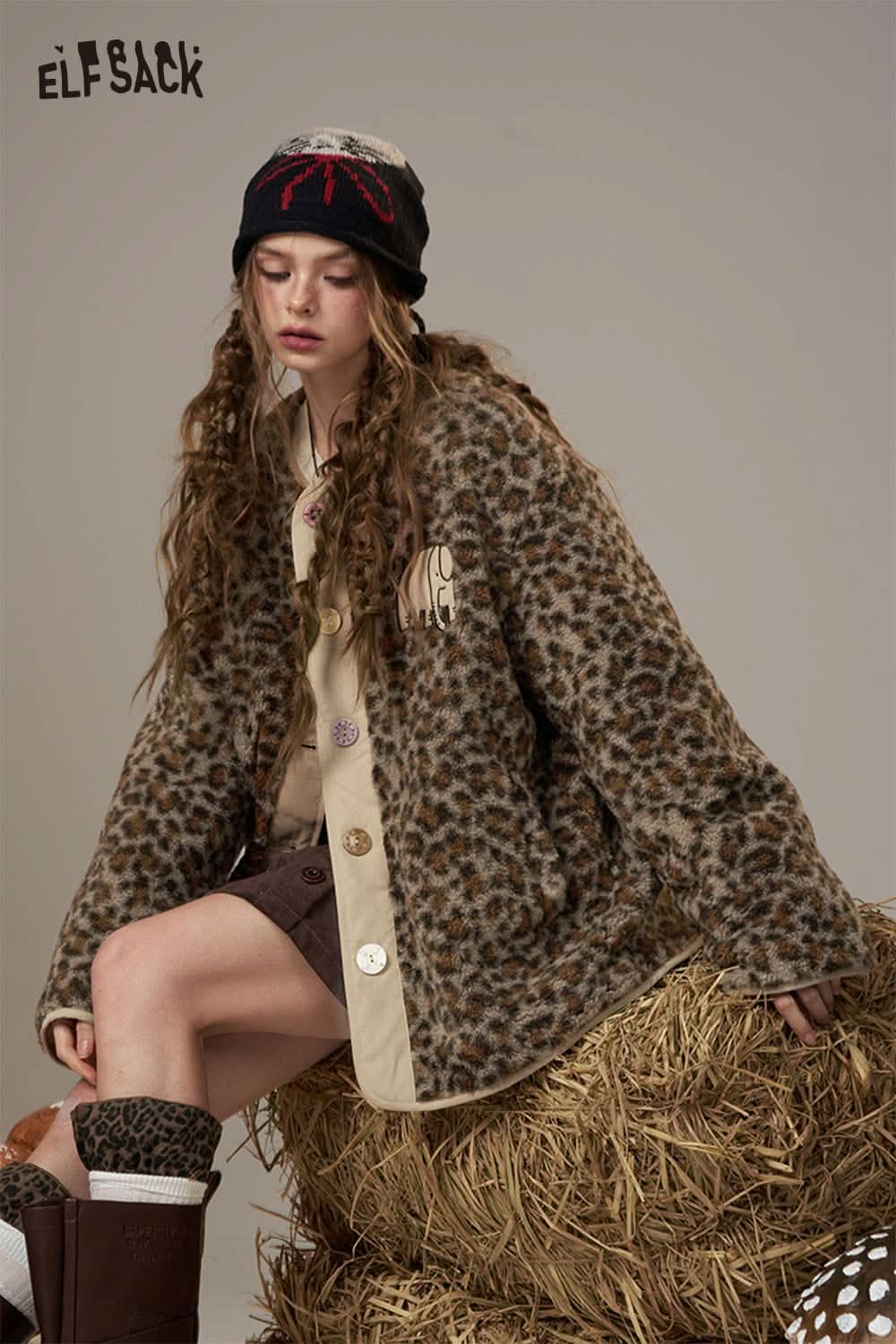 ELFSACK animal print faux shearling jacket featuring a cozy design with a stylish look