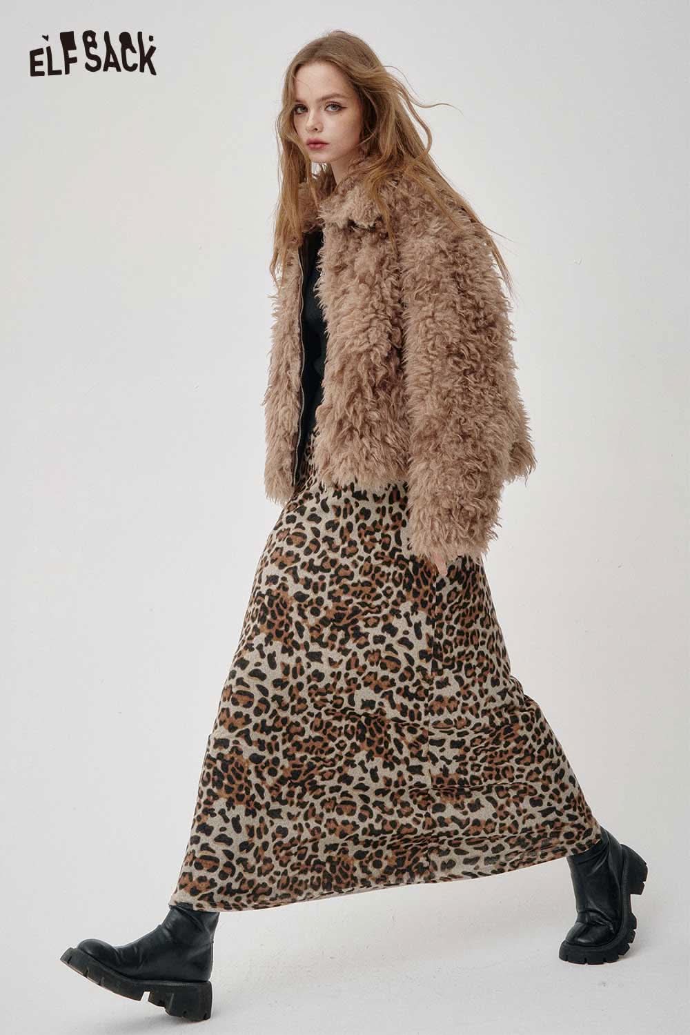 ELFSACK animal print maxi skirt styled with a fluffy brown jacket and black boots