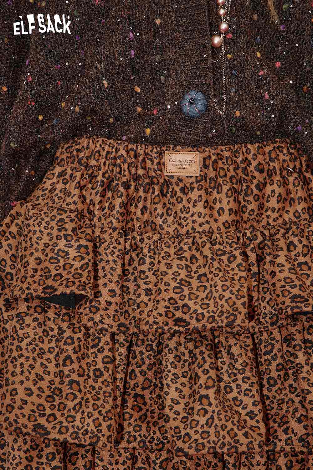 ELFSACK animal print pleated skirt in leopard pattern, stylish design with layered ruffle details