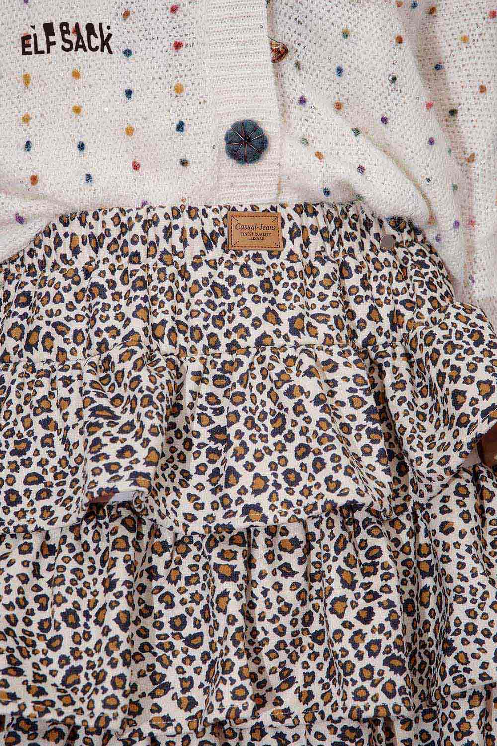 ELFSACK animal print pleated skirt featuring a playful leopard design with ruffled layers