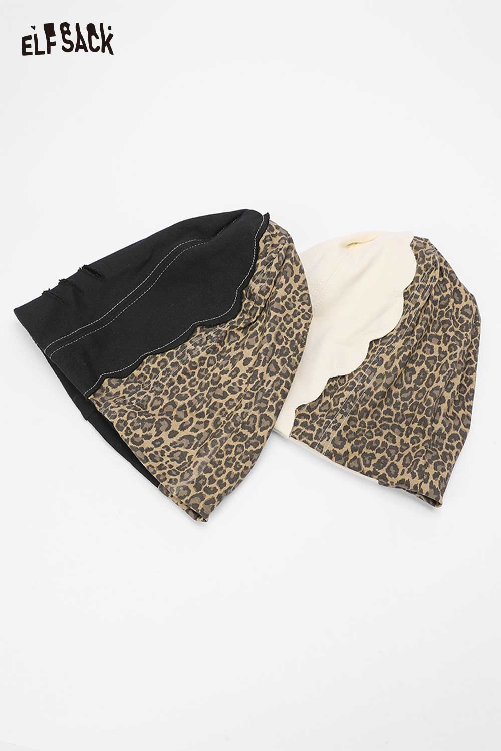 Dual-tone ELFSACK animal print slouchy beanie featuring a stylish leopard print design
