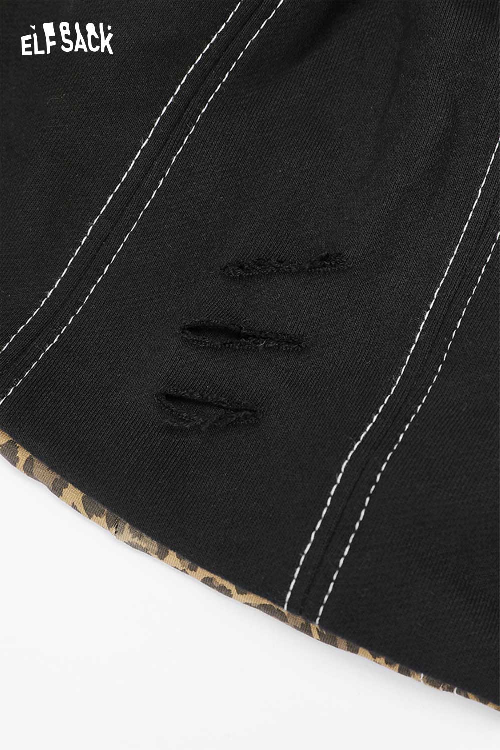 Black ELFSACK animal print slouchy beanie with distressed detailing for a trendy look