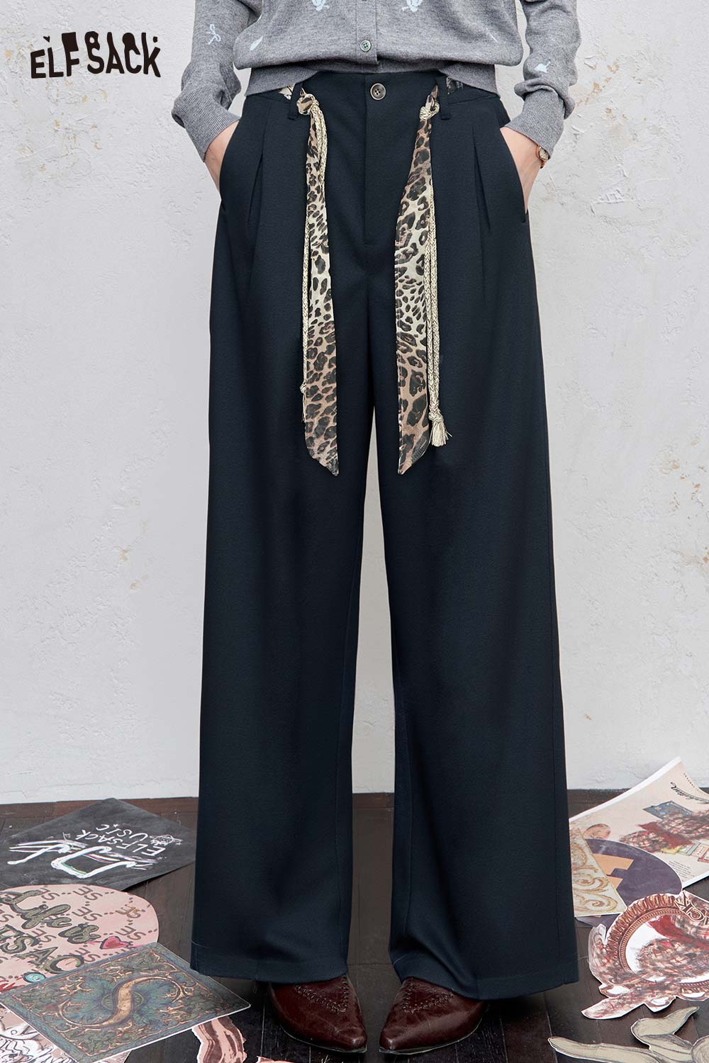 ELFSACK animal print wide leg trousers with stylish leopard print details for a trendy look