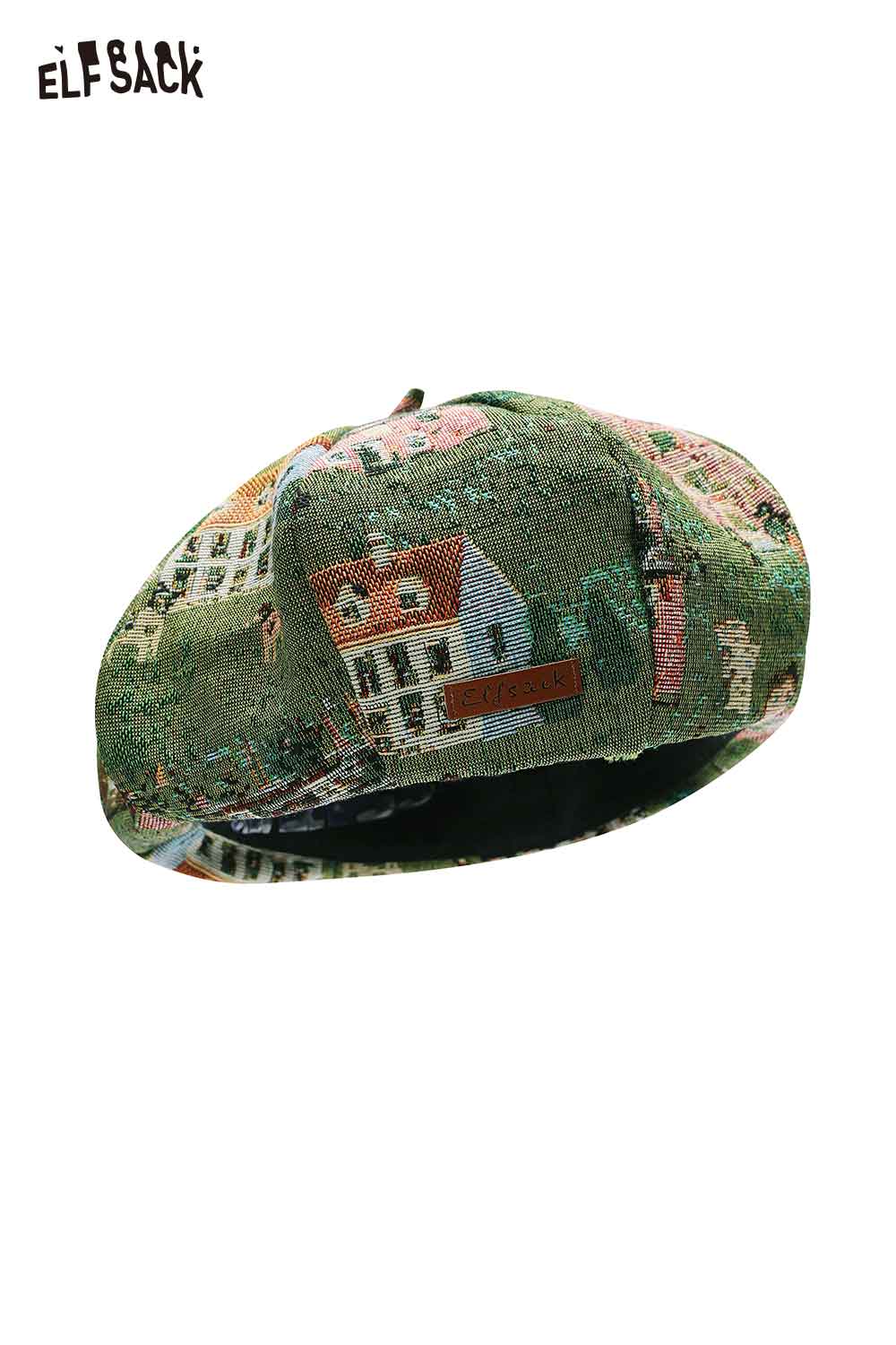 Artist inspired beret for women in green with colorful artistic house designs by ELFSACK
