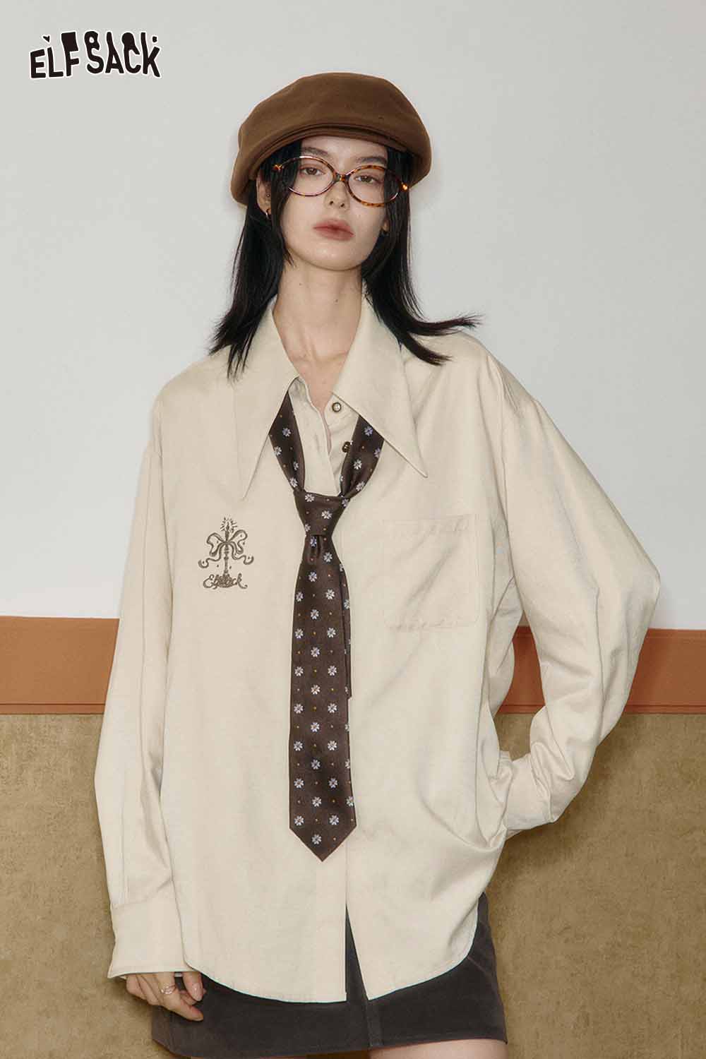 ELFSACK artistic embroidery oversized shirt in cream with a stylish tie, perfect for a chic and casual look