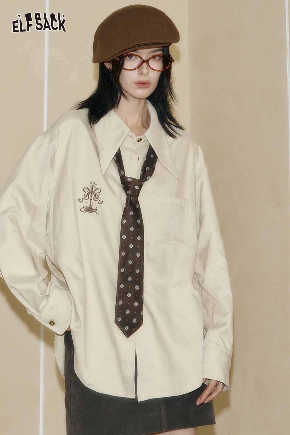 ELFSACK artistic embroidery oversized shirt with a unique design and casual fashion styling