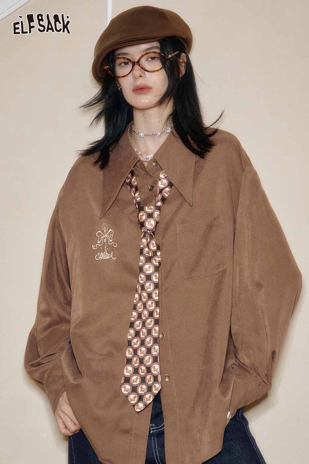 ELFSACK artistic embroidery oversized shirt in brown with a unique tie and stylish collar