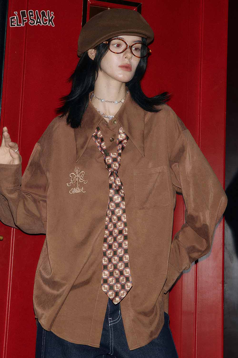 ELFSACK artistic embroidery oversized shirt in brown fabric with unique tie design and stylish fit