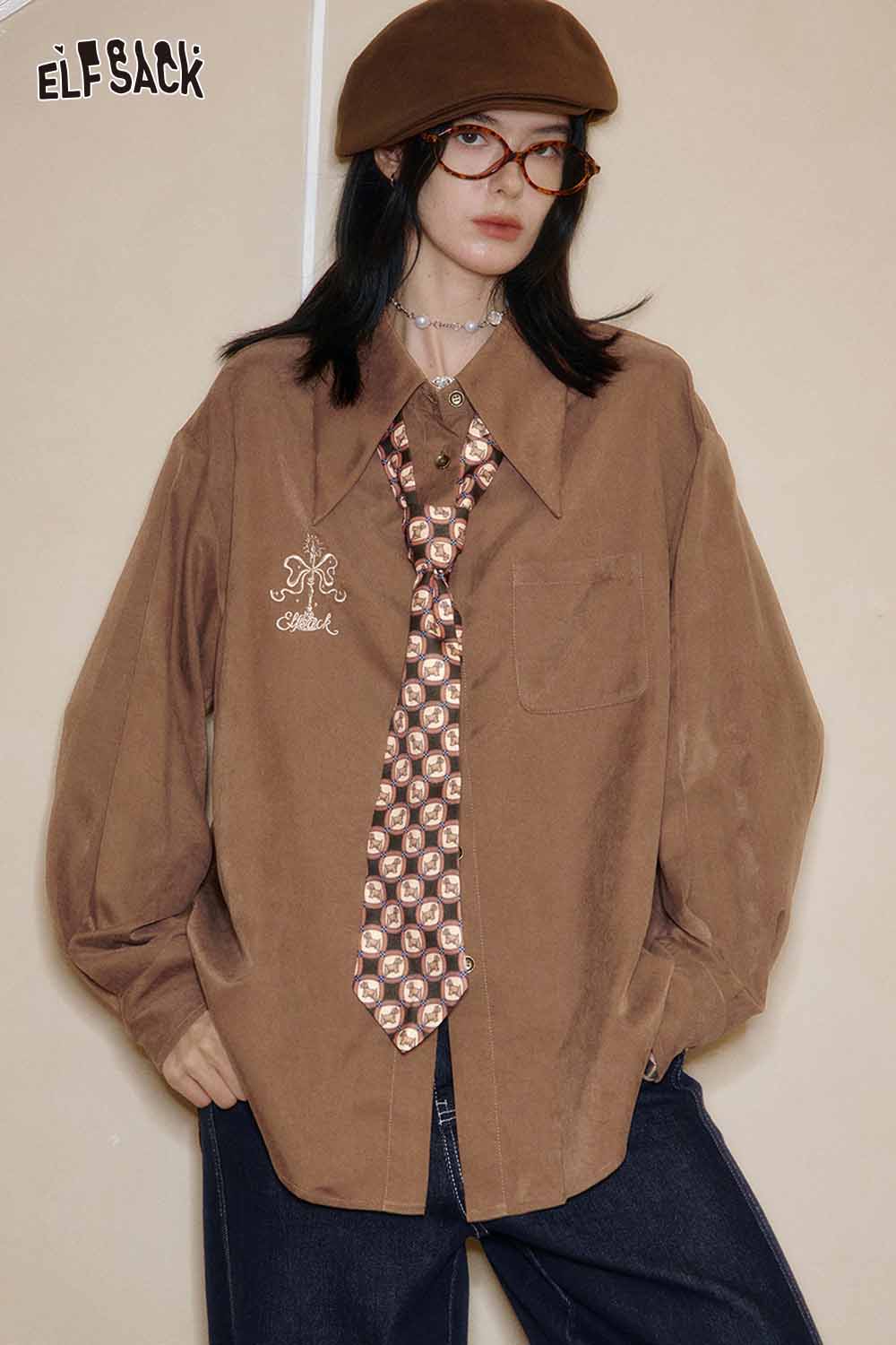 ELFSACK artistic embroidery oversized shirt in brown featuring a stylish tie design for a trendy look