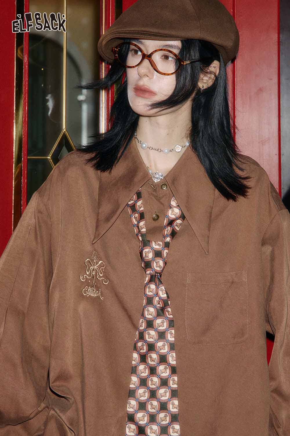 ELFSACK artistic embroidery oversized shirt in brown with stylish collar and front pocket detail