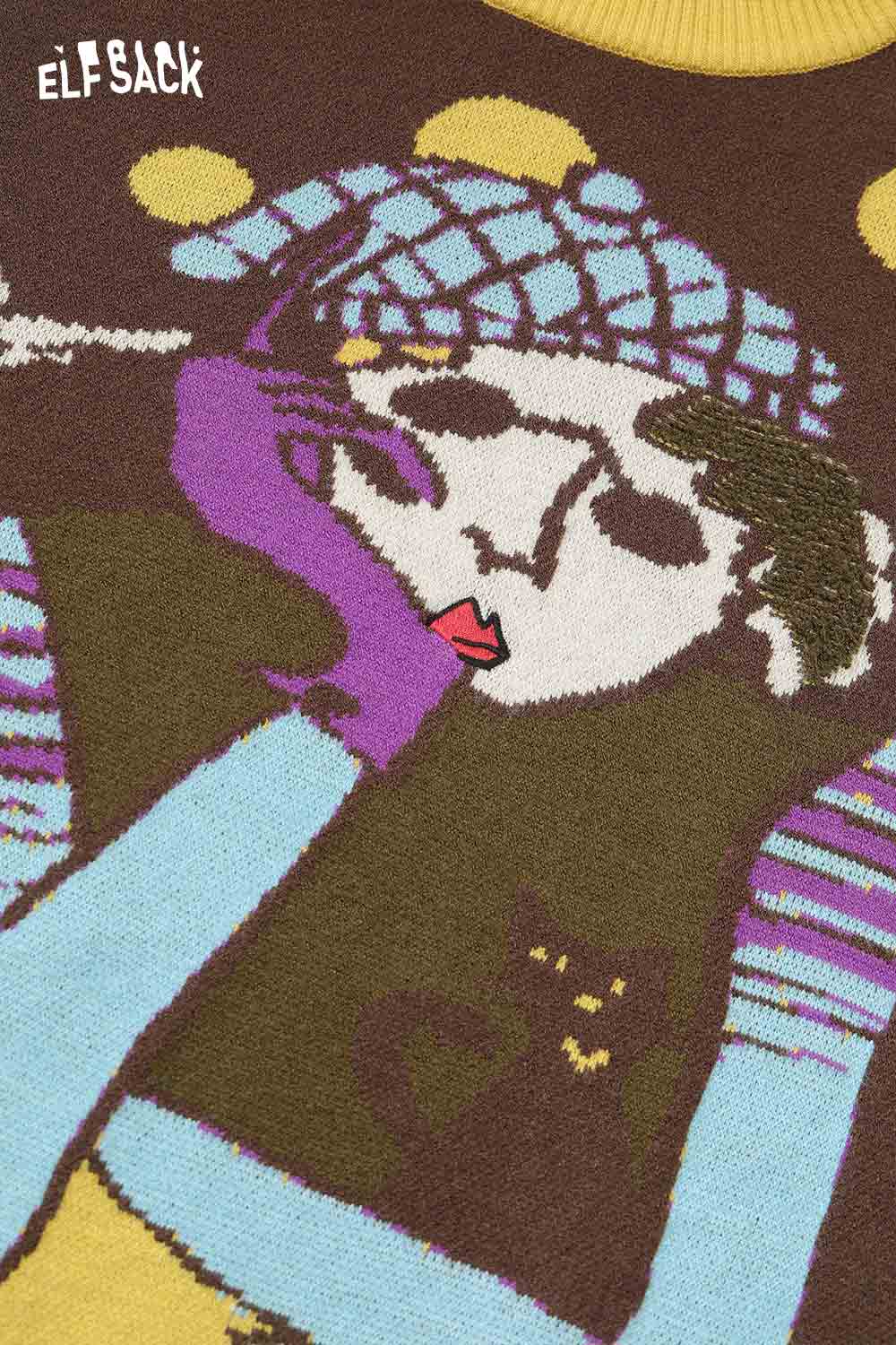 Artistic graphic sweater for women by ELFSACK featuring a colorful abstract design and playful illustrations