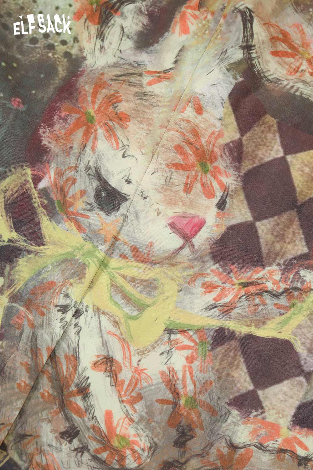 ELFSACK artistic print trench coat featuring a whimsical bunny design with floral accents
