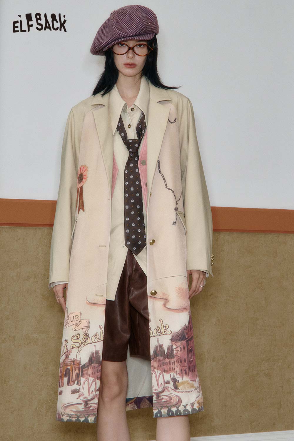 ELFSACK artistic print trench coat featuring a unique design and stylish fit for trendy outfits