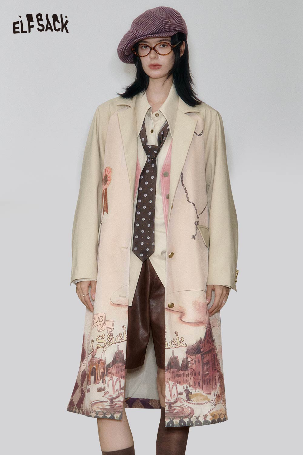 ELFSACK artistic print trench coat featuring a unique design and elegant style for trendy fashion lovers