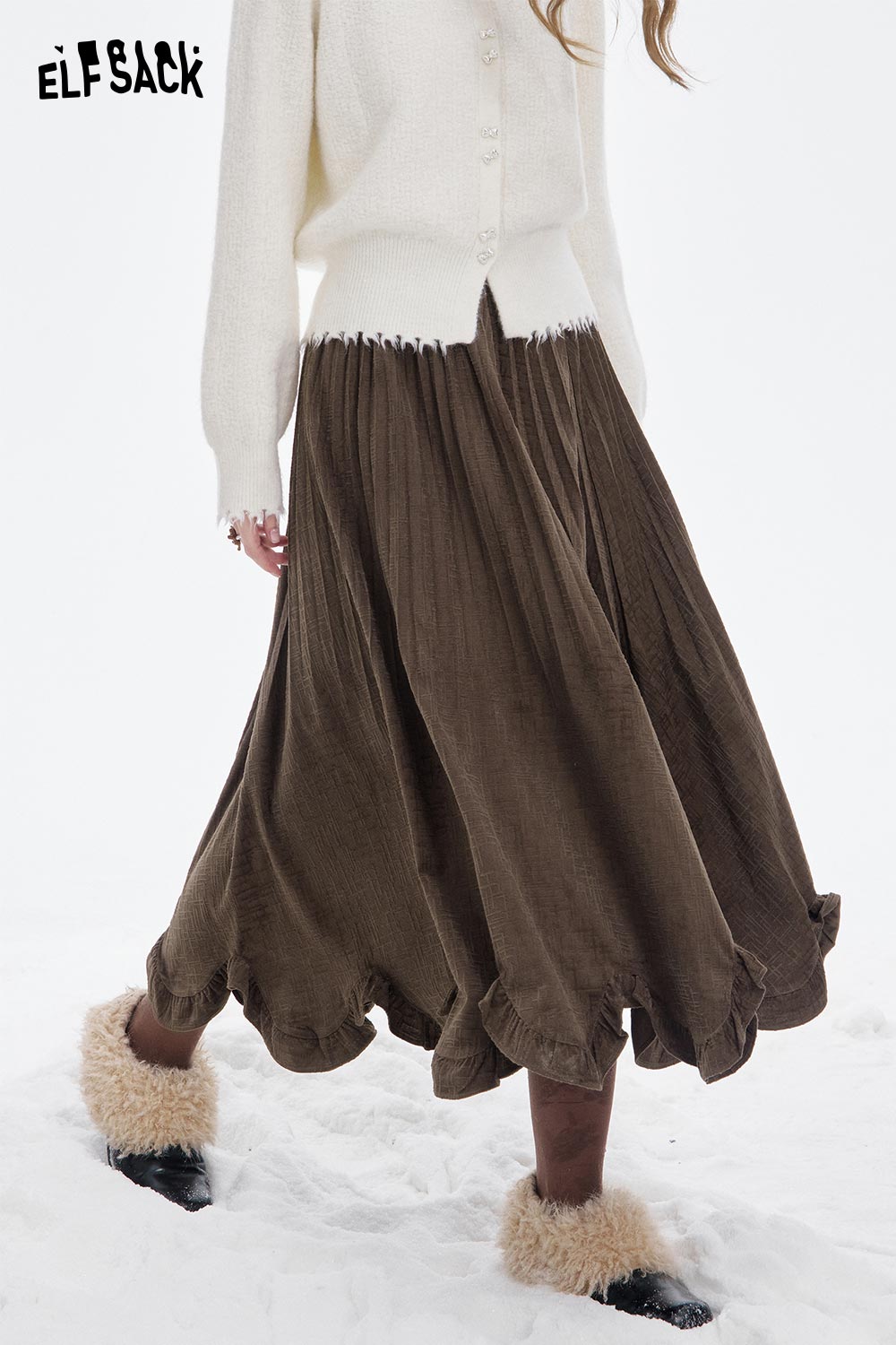 ELFSACK asymmetric flounce hem skirt in brown with a flowy design and soft fabric for a stylish look