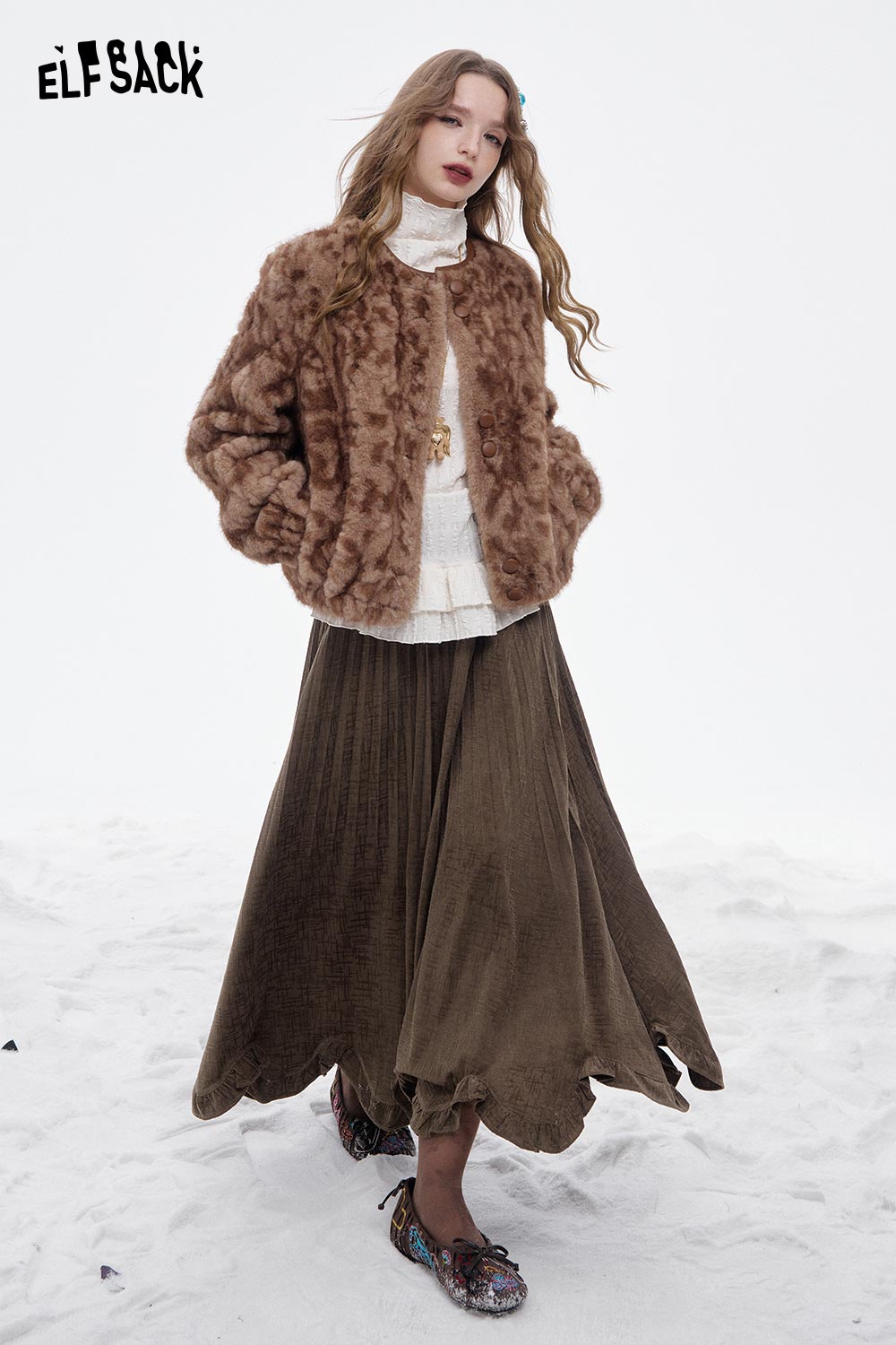 ELFSACK Asymmetric flounce hem skirt in brown paired with a stylish faux fur jacket for a chic look