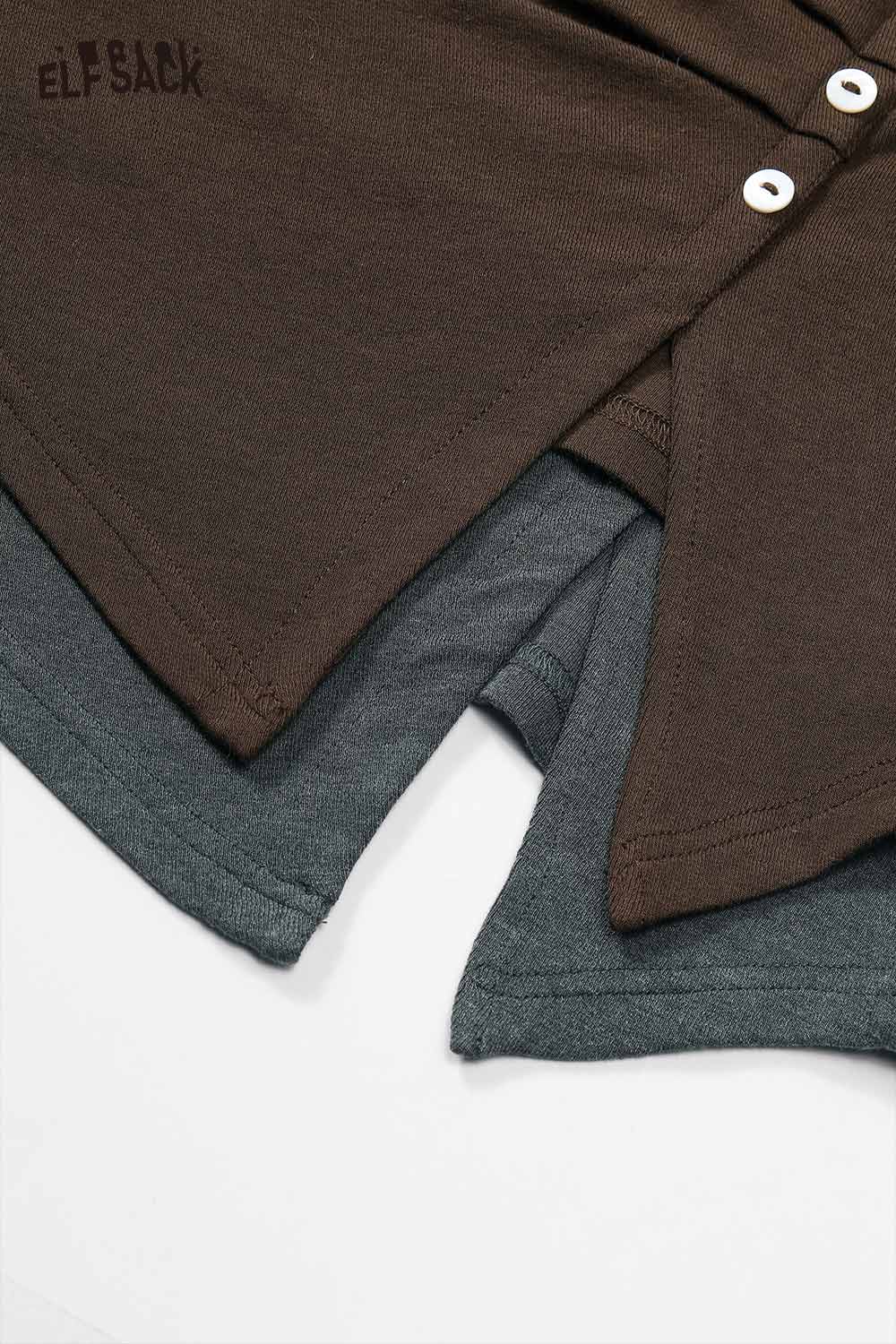 ELFSACK asymmetric hem long sleeve tshirt featuring a trendy layered design in brown and gray