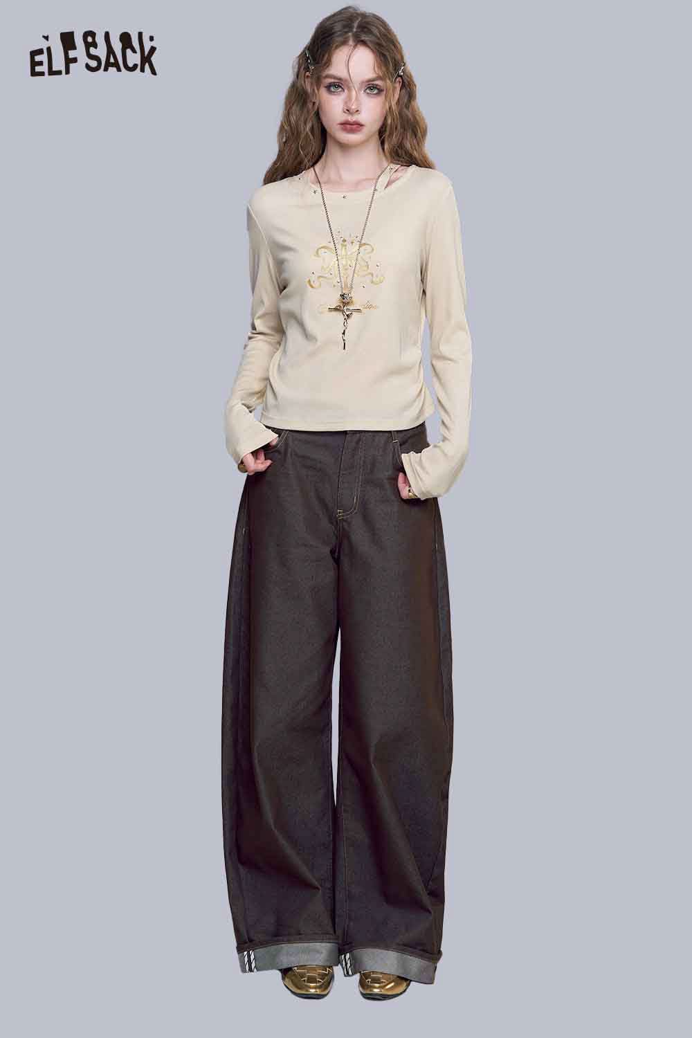 ELFSACK asymmetric neckline graphic tee in beige with decorative design for casual wear