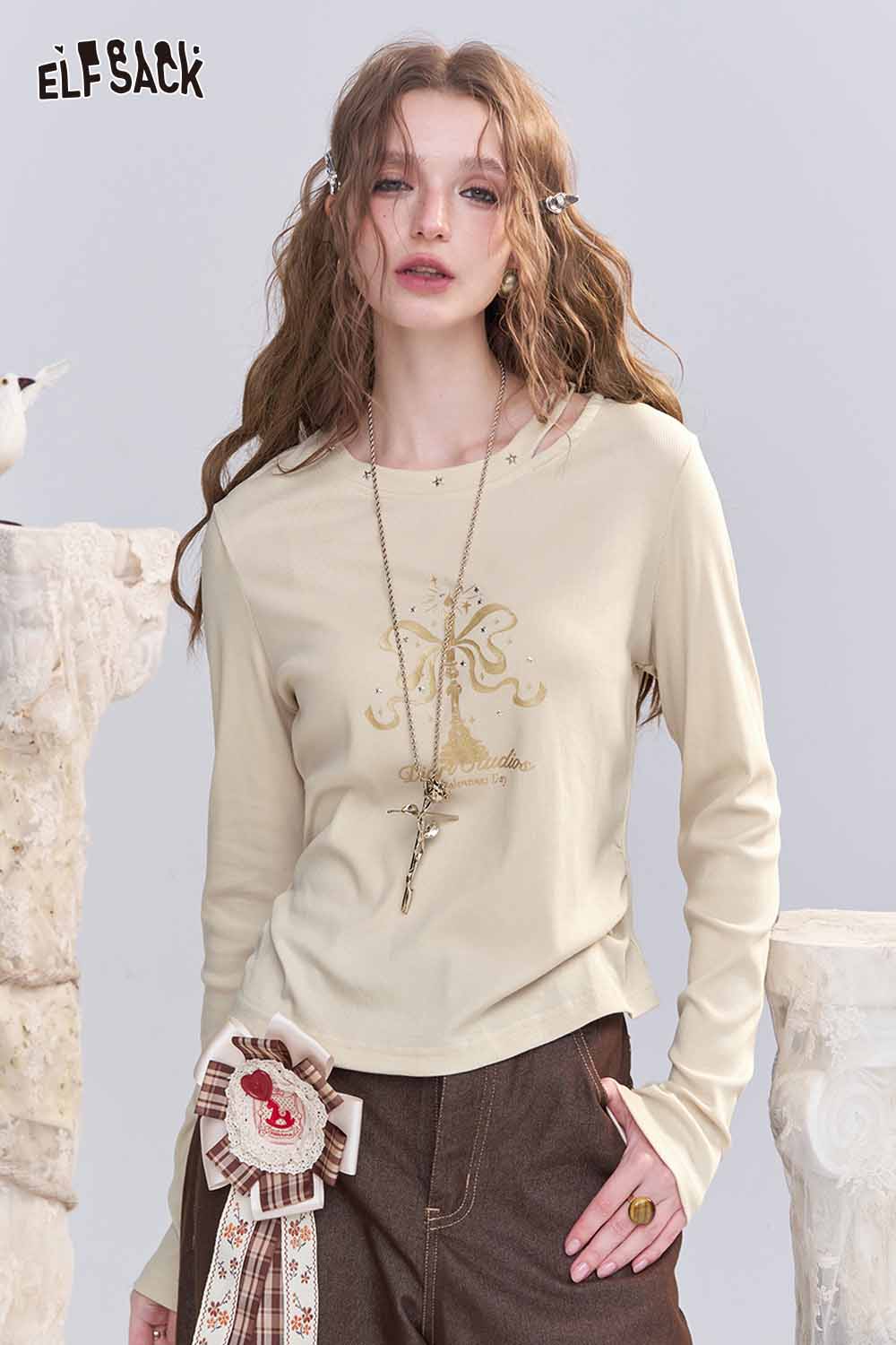 ELFSACK asymmetric neckline graphic tee in beige with unique design and relaxed fit