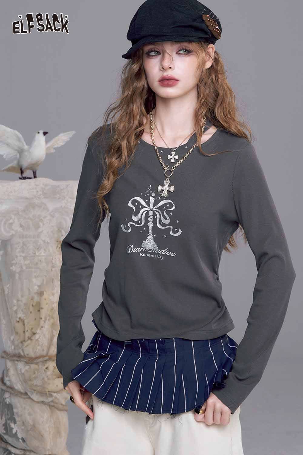 ELFSACK asymmetric neckline graphic tee in gray with unique bow design and casual fit